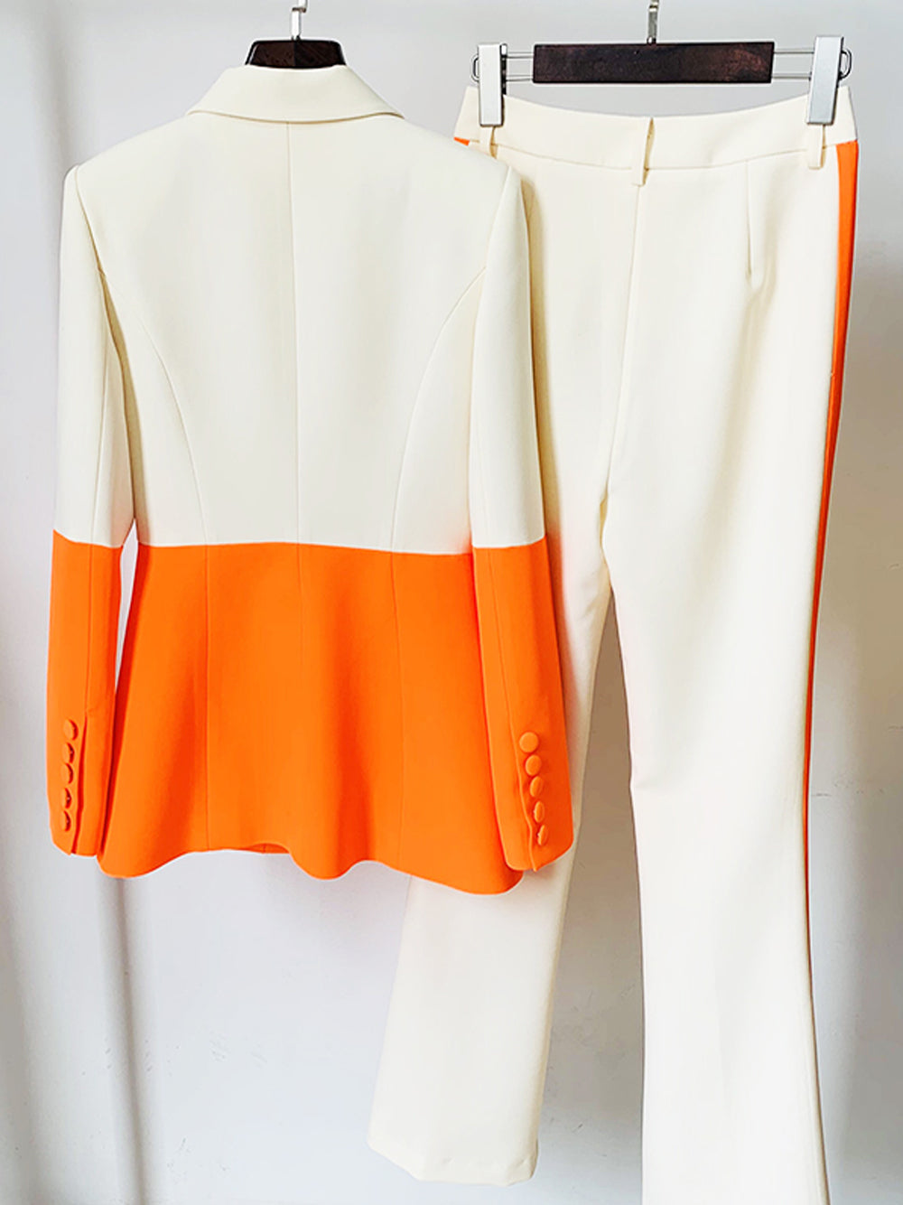 Orange Notch Lapel Color Block Blazer And Flare Pants Set 8