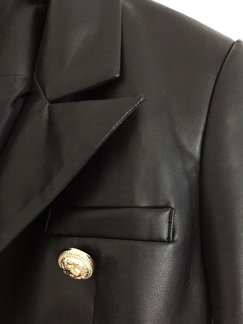 Black Peak Lapel Double-Breasted Gold Button Leather Blazer