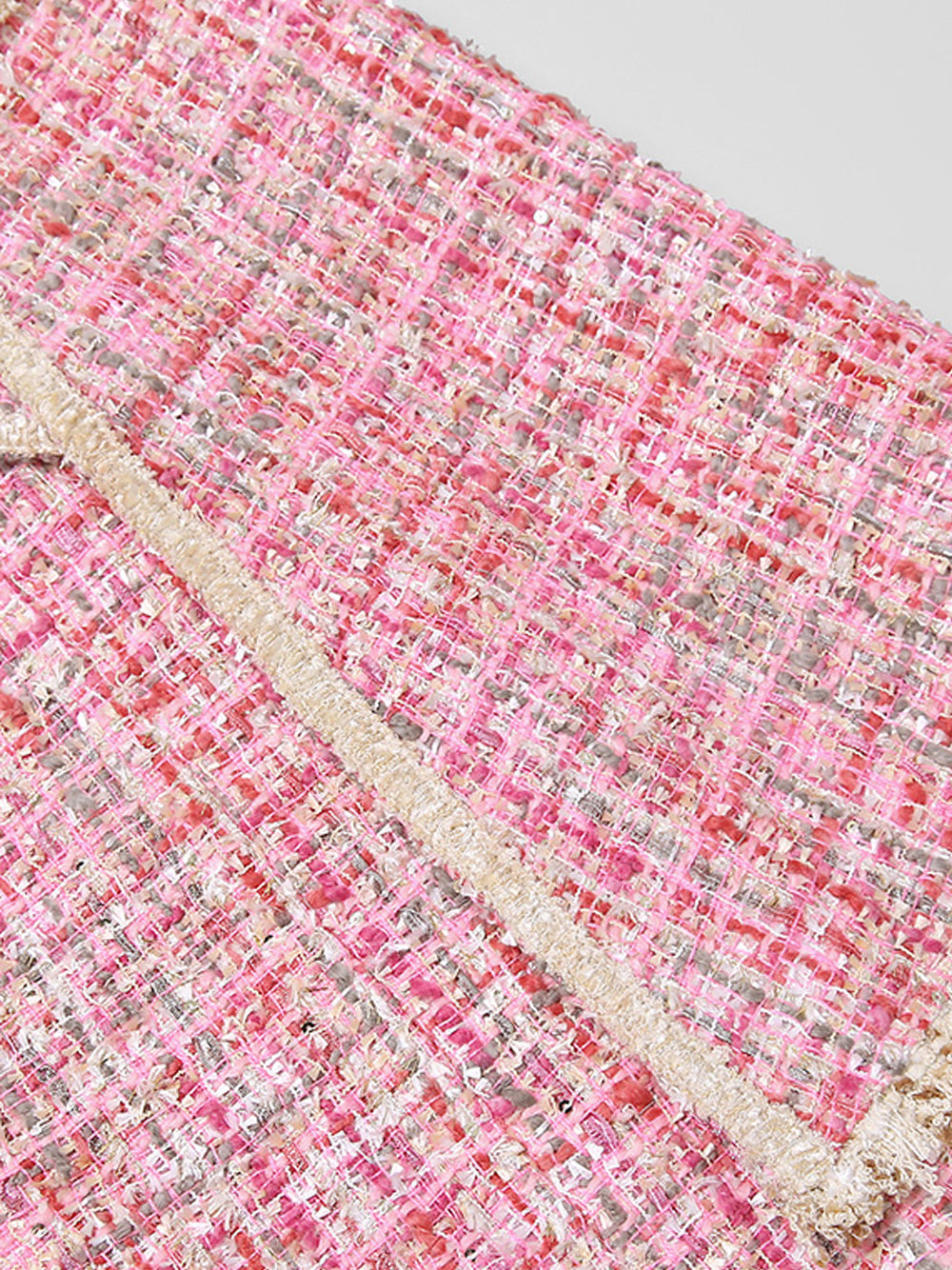 Pink Notch Lapel Fringe Trim Belted Tweed Cape Coat