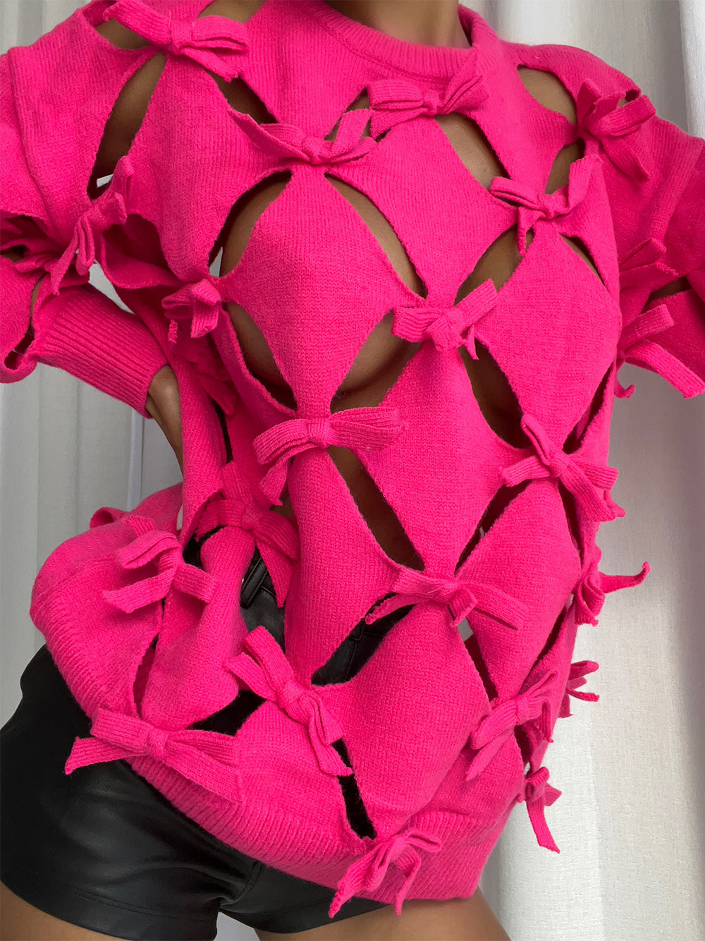 Fuchsia Round Neck Bow Cutout Long Sleeve Knit Sweater