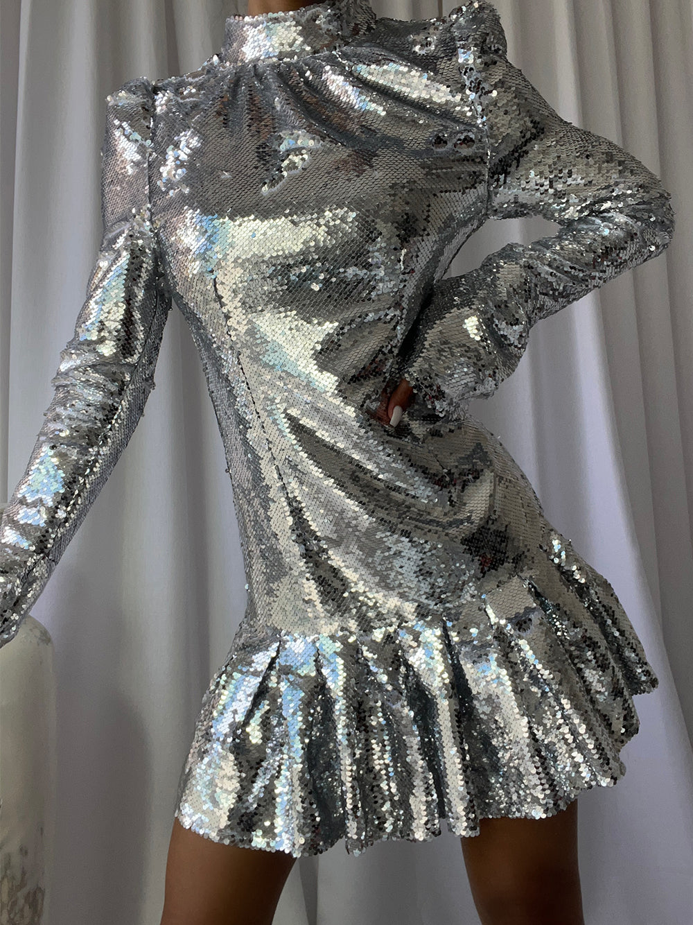 Silver High Neck Puff Sleeve Sequin Ruffle Hem A-Line Mini Dress