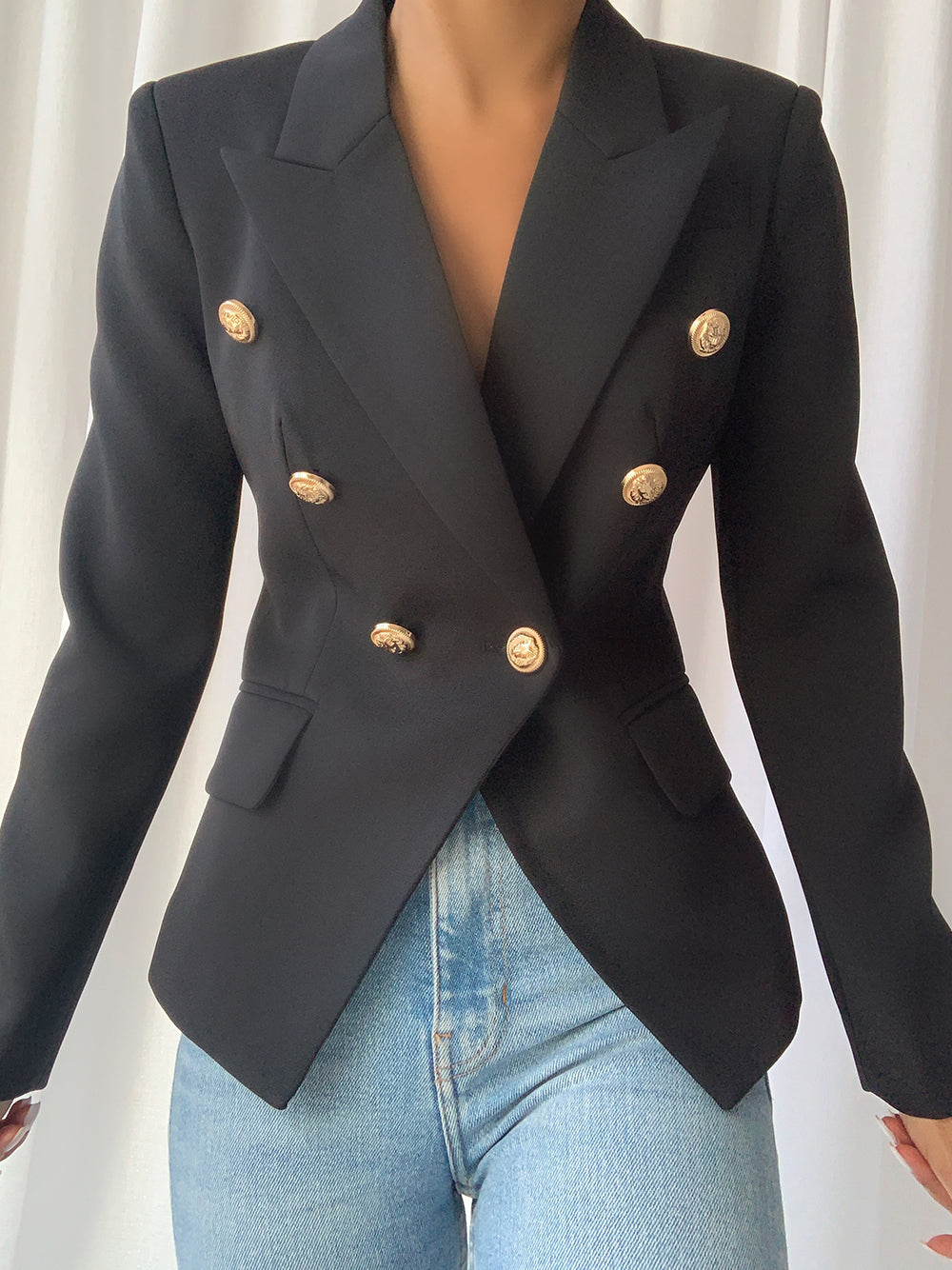 Black Peak Lapel Gold Button Double-Breasted Fitted Blazer 2