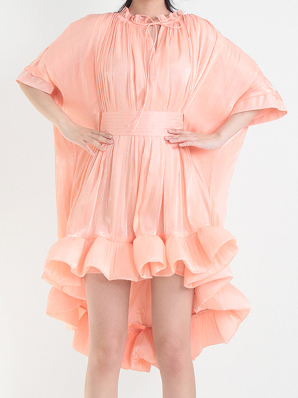Tie Neck Ruffle Hem Batwing Sleeve Belted Flared Mini Dress