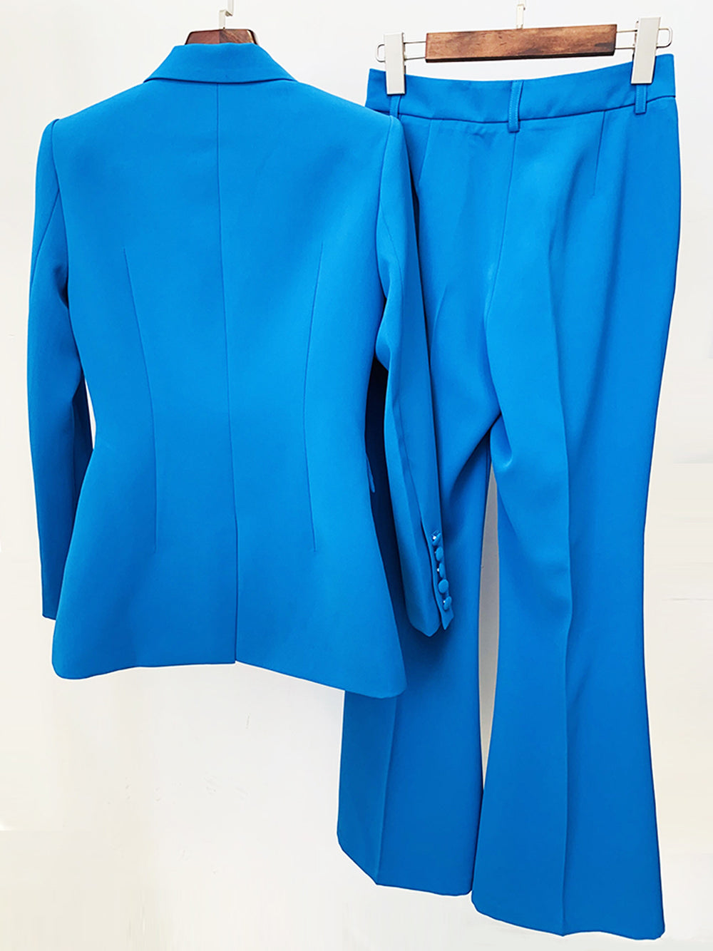 Blue Peak Lapel Single Button Blazer And Flared Pants Set 4