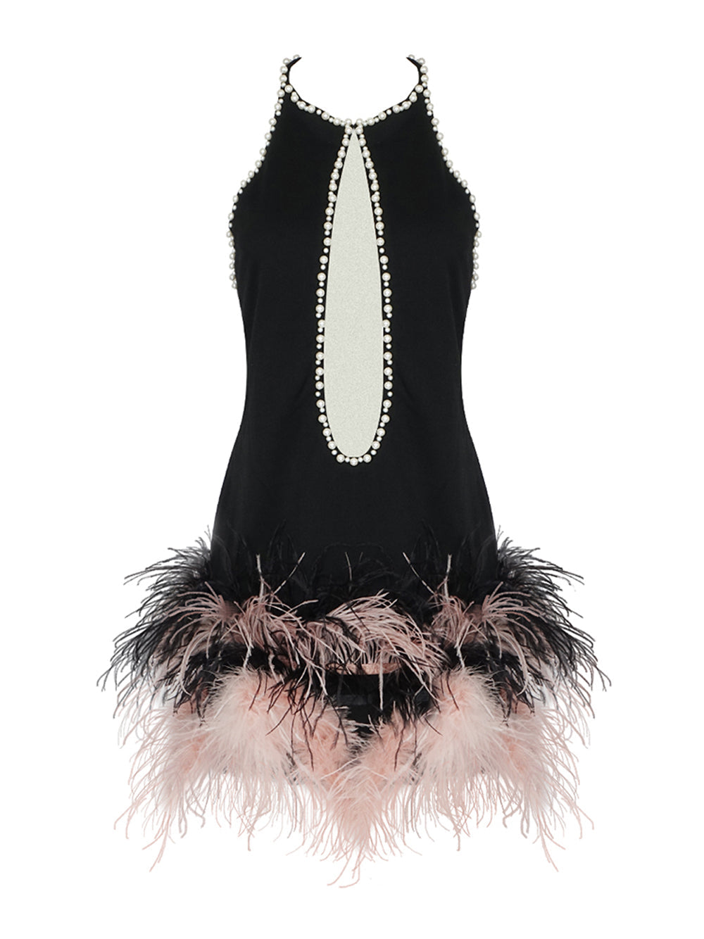 Black Halter Neck Pearl Beaded Mesh Cutout Feather Hem Bodycon Mini Dress 3