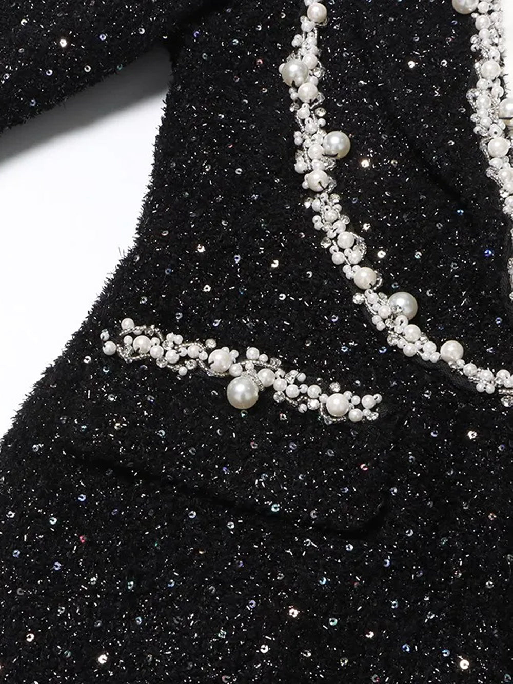 Black Collared Long Sleeve Pearl Trim Sequin Blazer Mini Dress 11