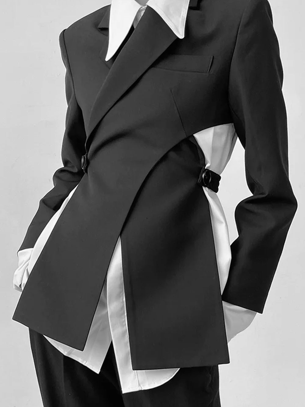 Black Notched Lapel Asymmetric Crossover Cutout Blazer