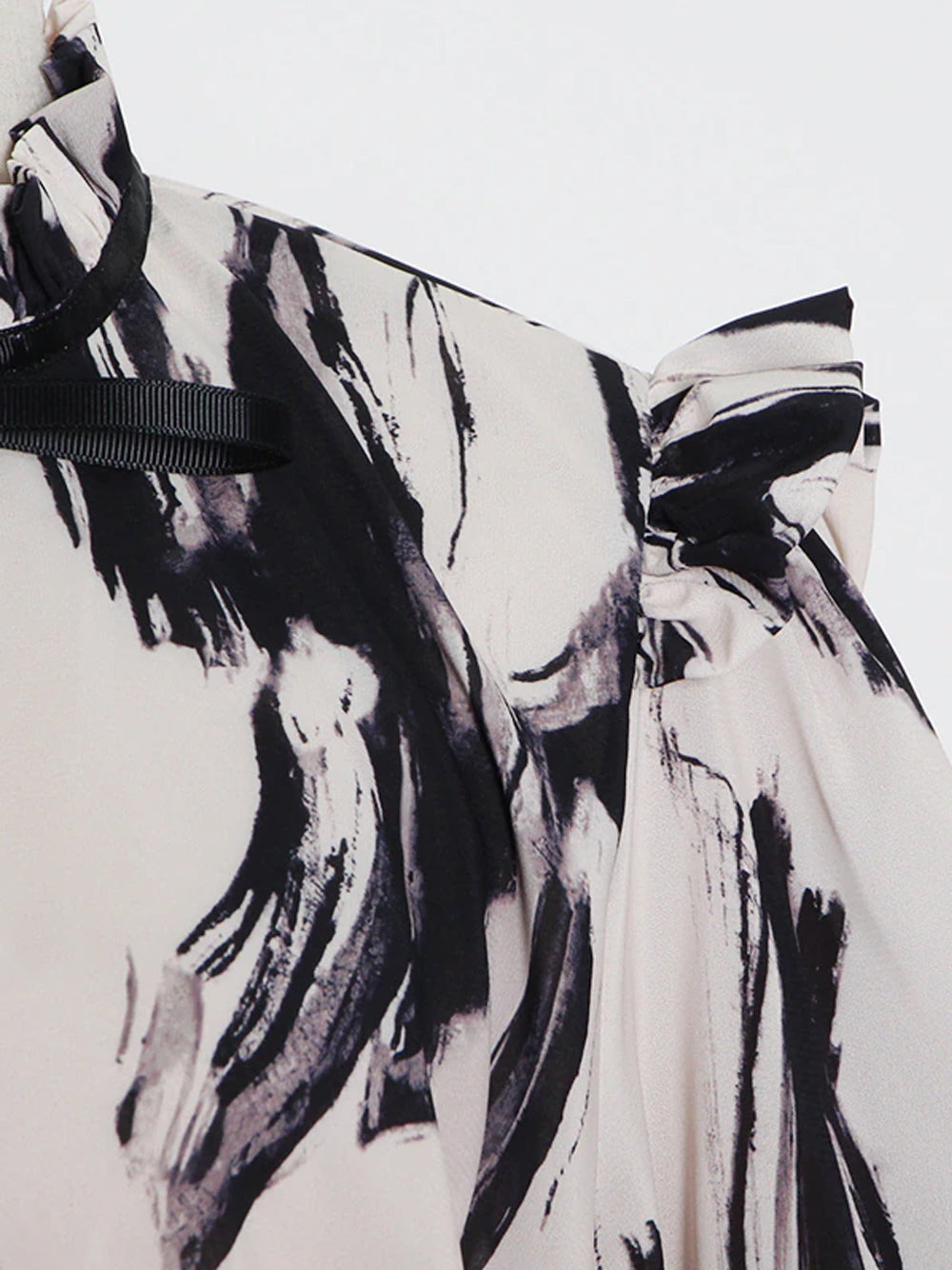 B&w Ruffle High Neck Puff Sleeve Abstract Print Tiered Midi Dress
