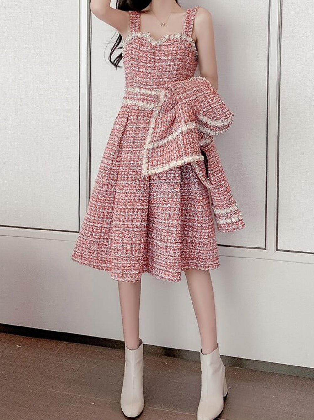 Pink Pearl Trim Tweed Jacket Slip Dress Set