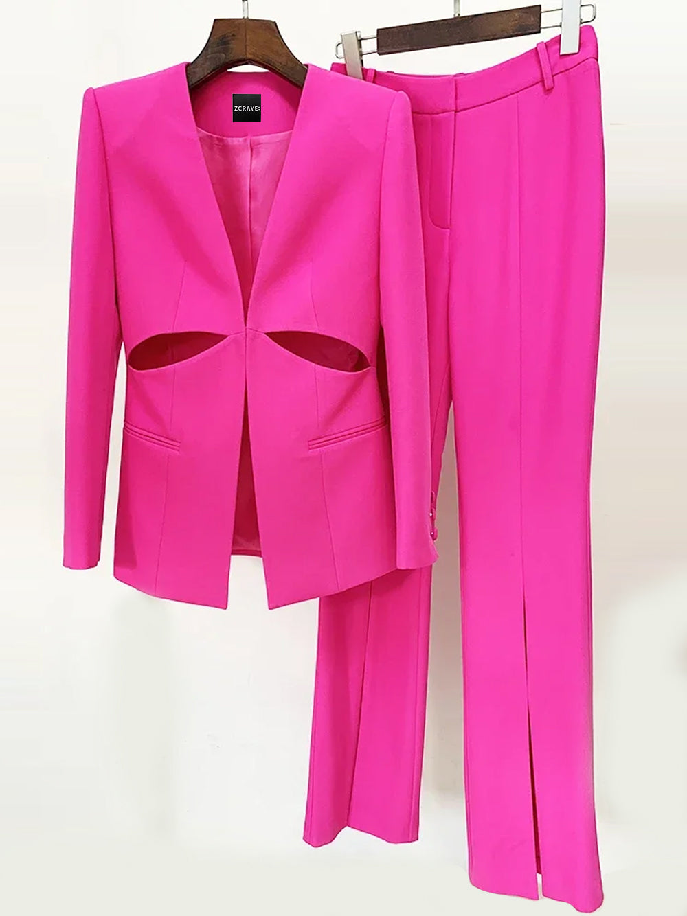 Fuchsia Collarless Plunge Cutout Blazer and Split Leg Pants Set