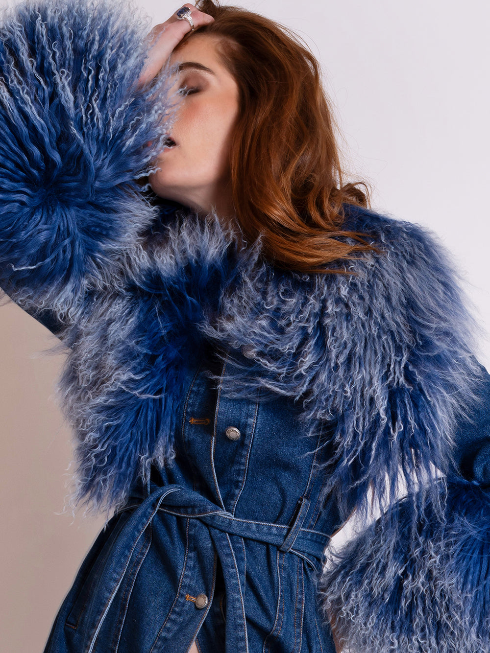 Denim Shaggy Fur Collar Cuff Hem Belted Button-Up Denim Coat 17