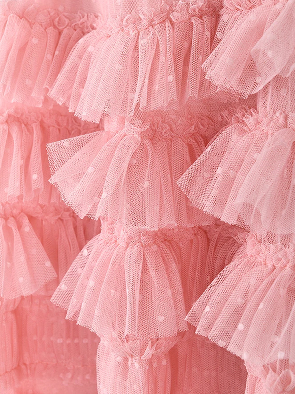 Pink Round Neck Short Sleeve Tiered Ruffle Tulle A-Line Maxi Dress