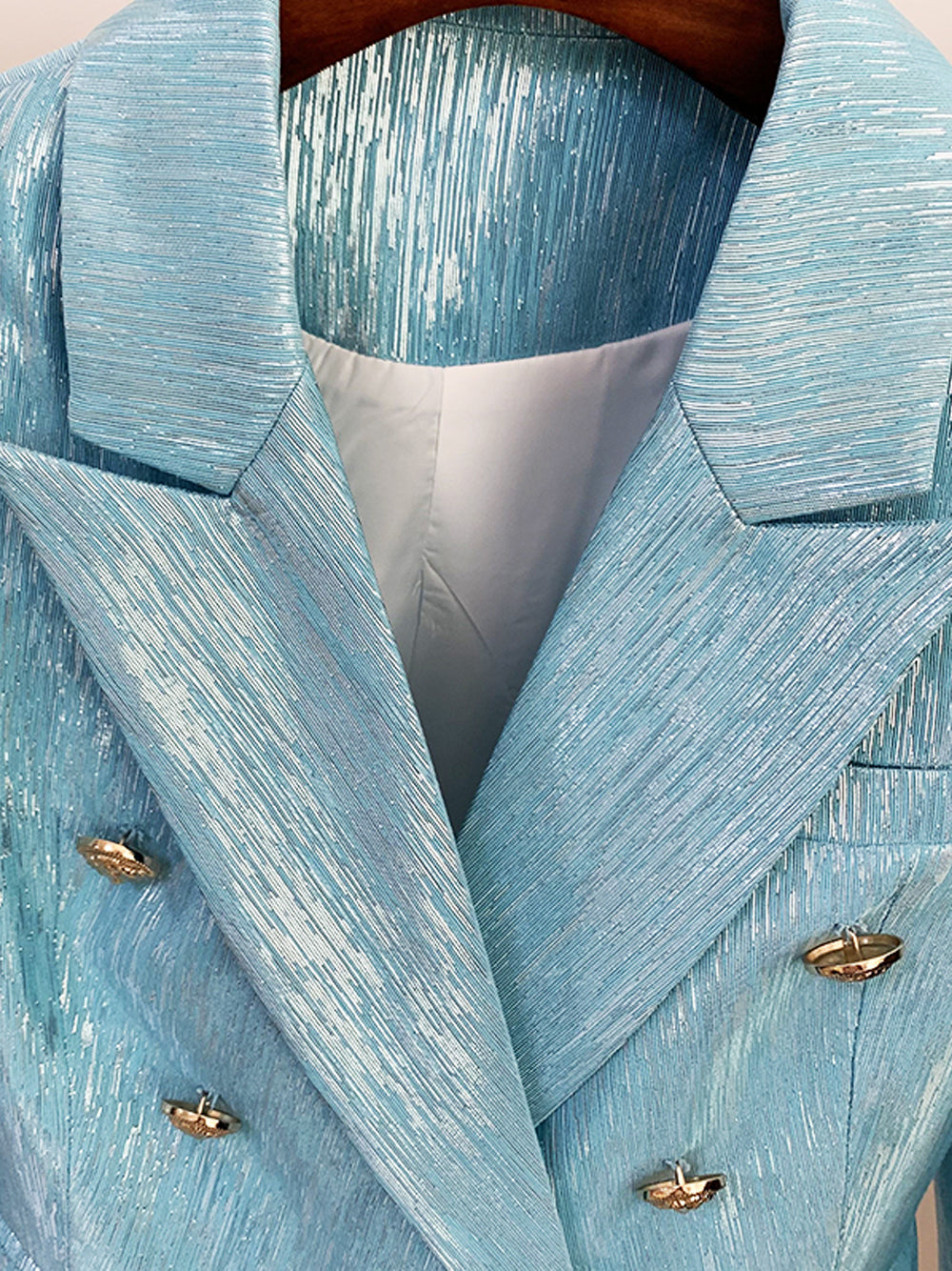 Turquoise Peak Lapel Double Breasted Gold Button Shimmer Blazer