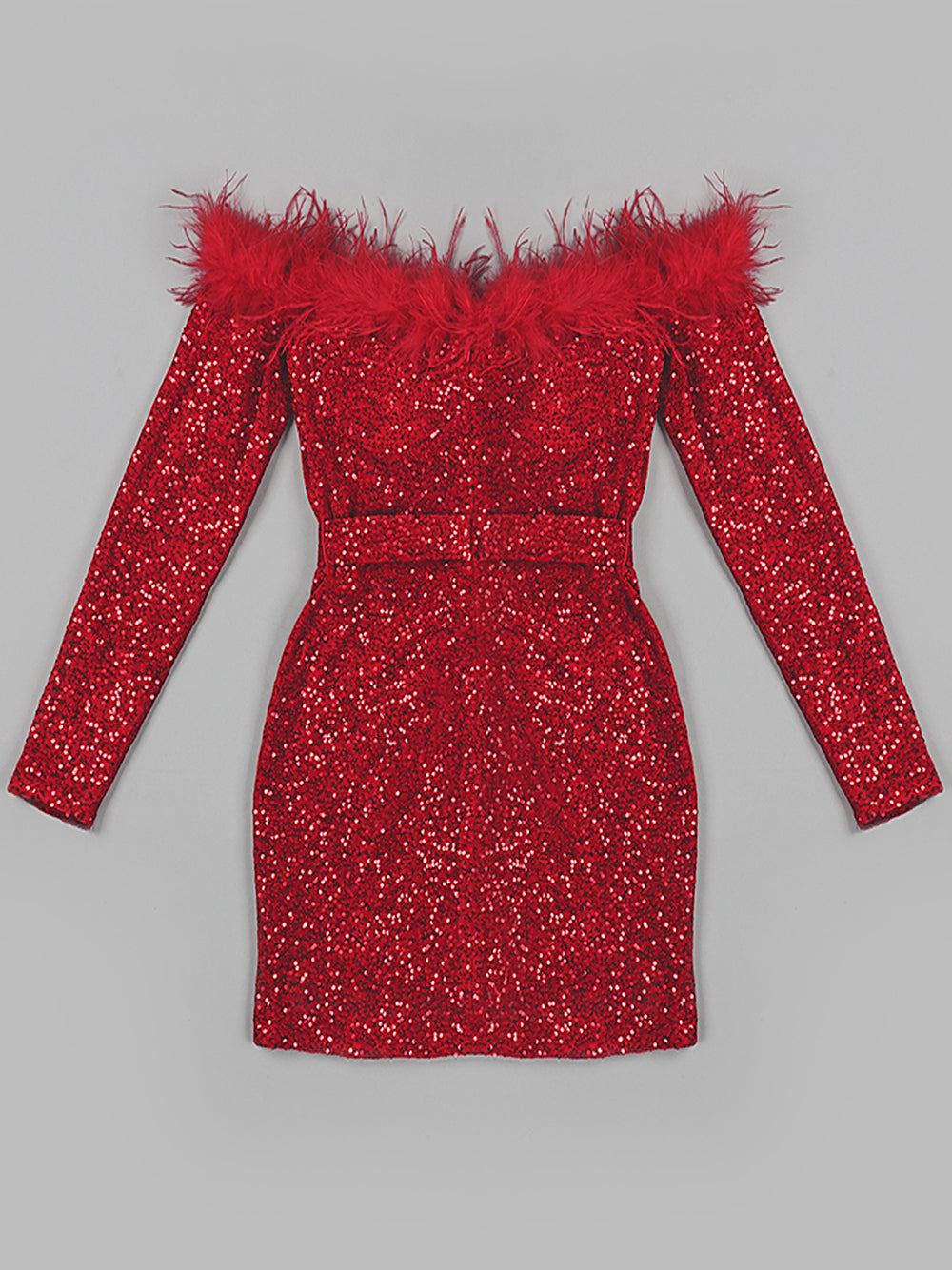 Red Off-Shoulder Feather Trim Sequin Long Sleeve Bodycon Mini Dress