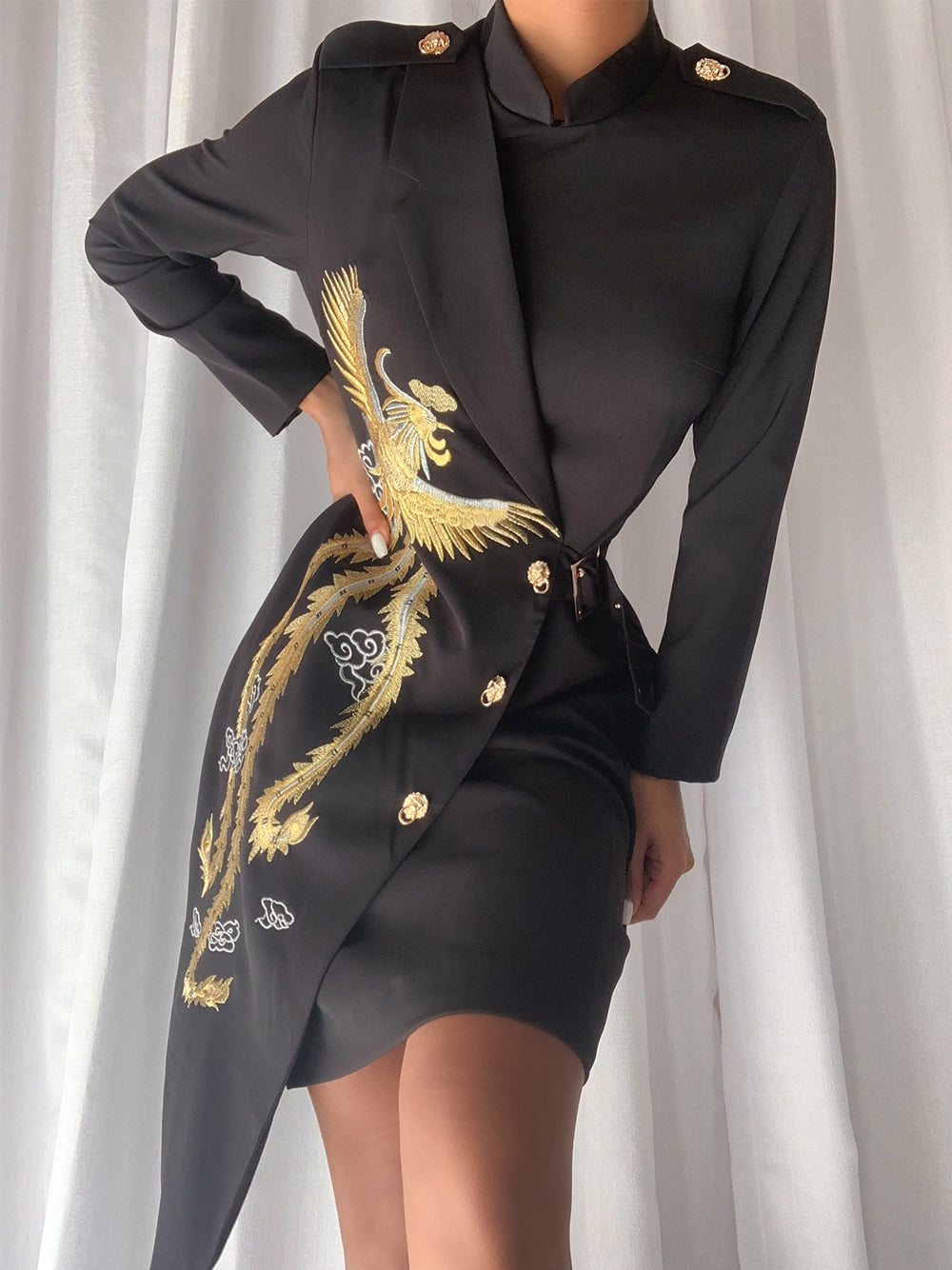 Black Lapel Collar Phoenix Embroidered Belted Long Sleeve Blazer Midi Dress 7