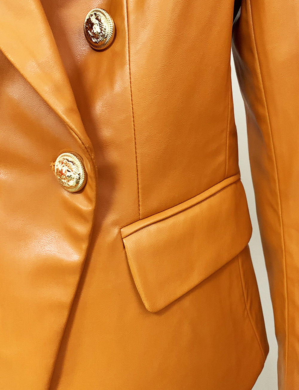 Brown Peak Lapel Double Breasted Gold Button Faux Leather Blazer