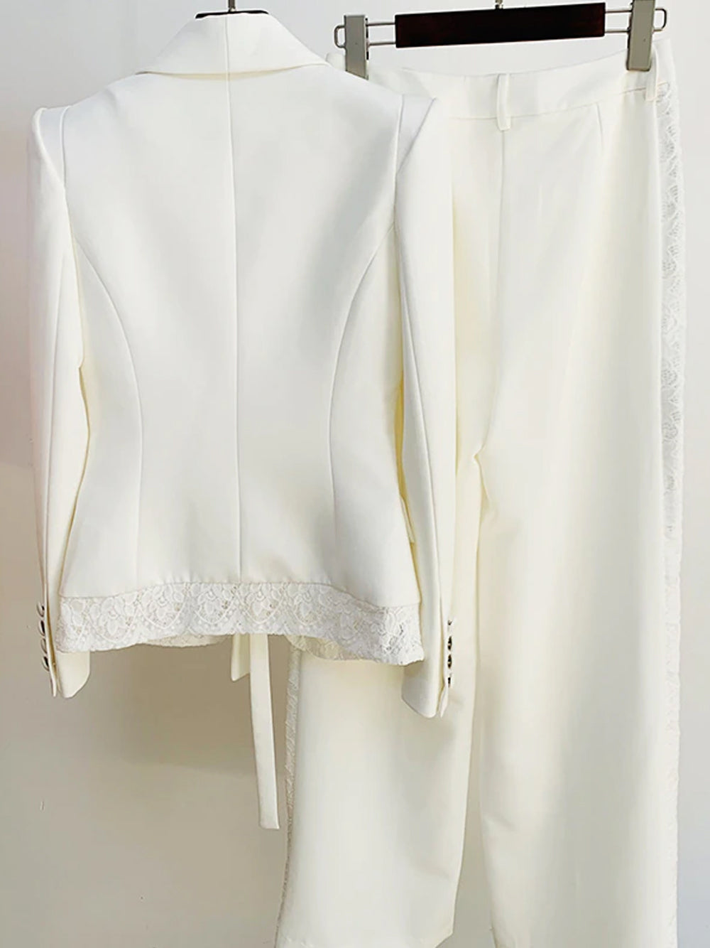 White Shawl Lapel Lace Trim Tie Front Blazer Pants Set