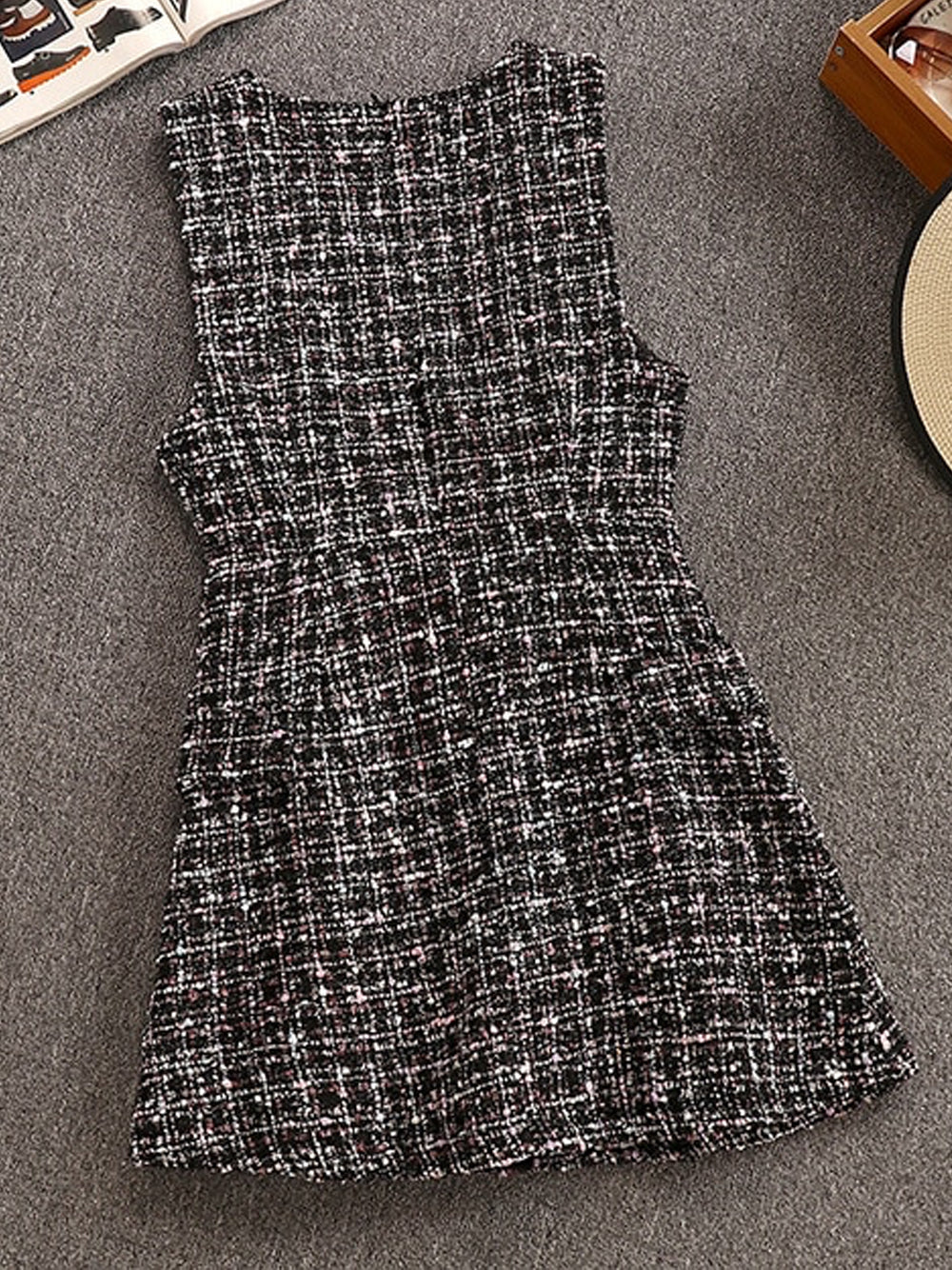 Gray Ruffle Bow Blouse and Tweed Pinafore Mini Dress Set