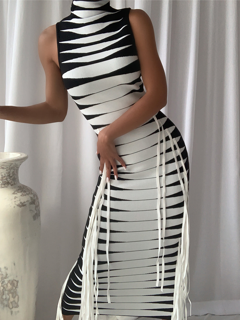 B&w Mock Neck Sleeveless Striped Knit Fringe Bodycon Midi Dress