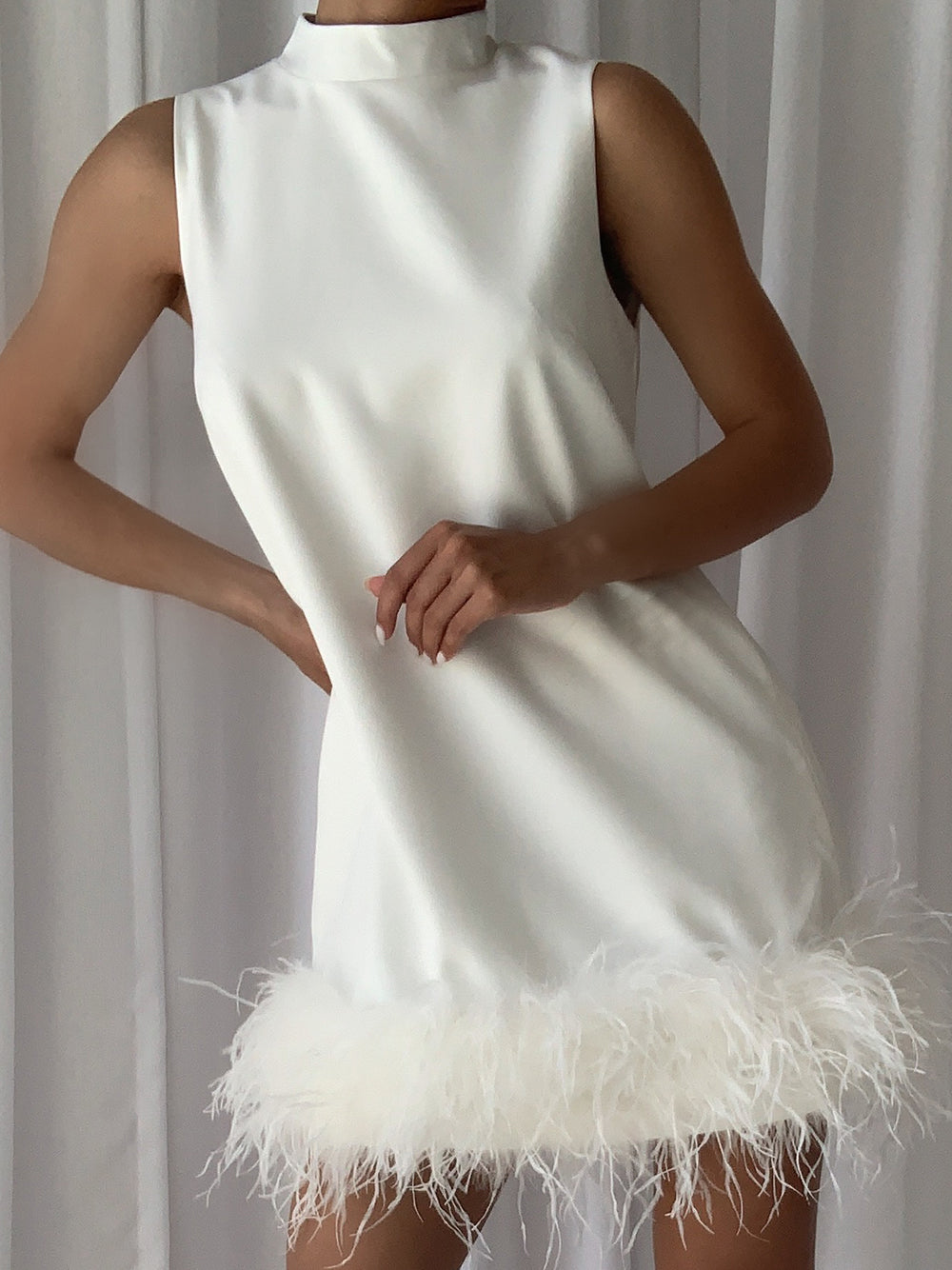 White High Neck Sleeveless Feather Trim Hem Shift Mini Dress 2