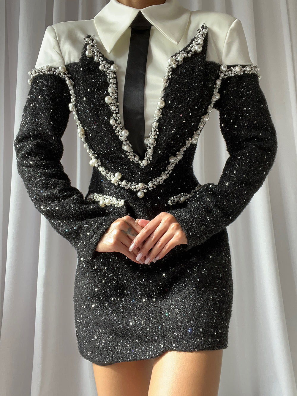 Black Collared Long Sleeve Pearl Trim Sequin Blazer Mini Dress 4