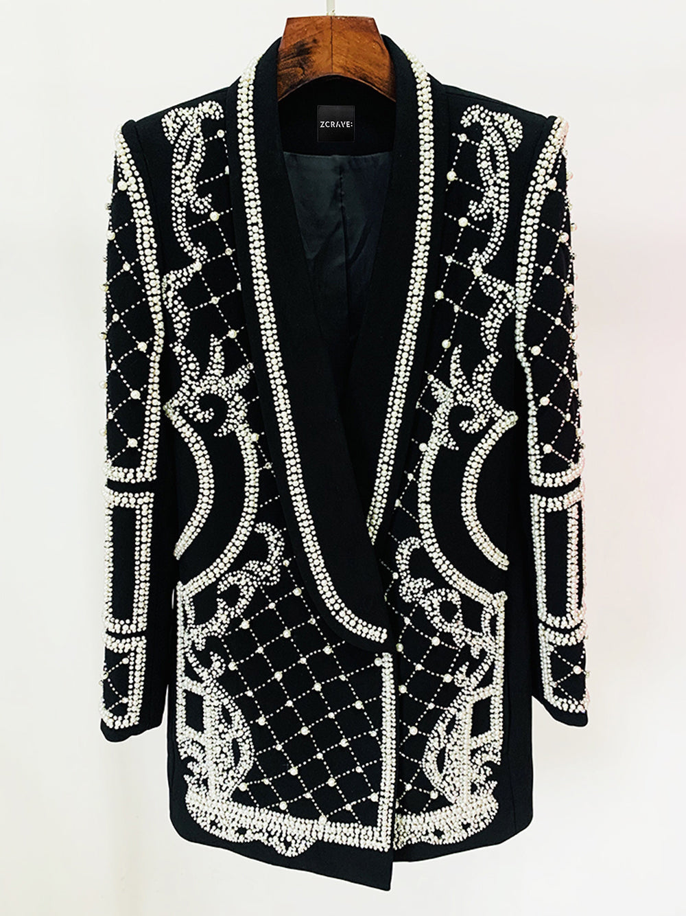 Black Shawl Lapel Pearl Beaded Rhinestone Long Sleeve Blazer Mini Dress