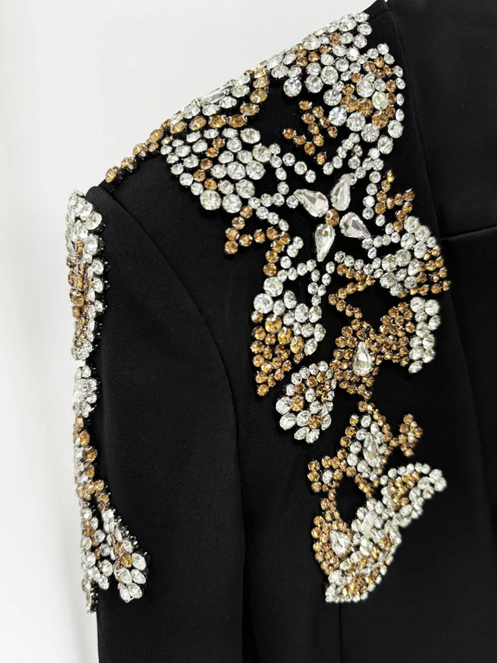 Black Embellished Floral Shoulder Blazer Slit Flared Pants Set 12