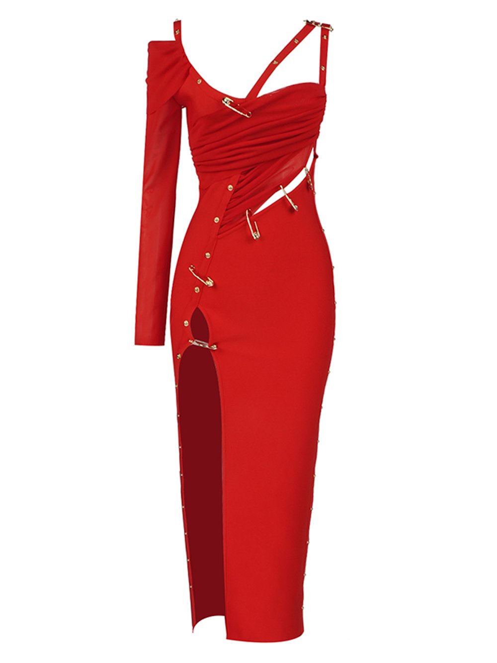 Red Asymmetric Strap Safety Pin Ruched High Slit Bodycon Maxi Dress 4