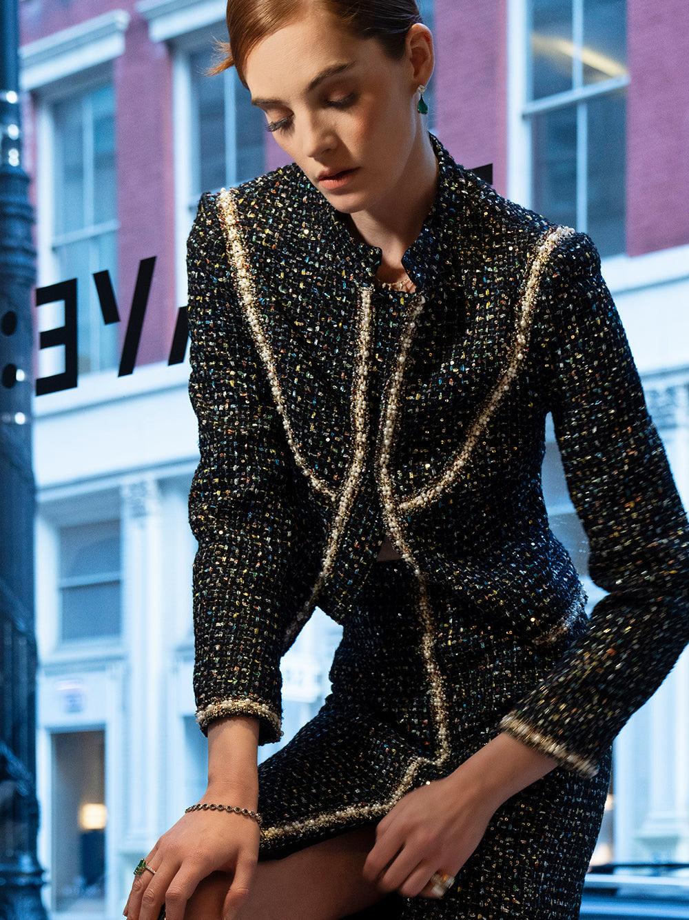 Multicolor Contrast Trim Tweed Cropped Jacket And Skirt Set 6