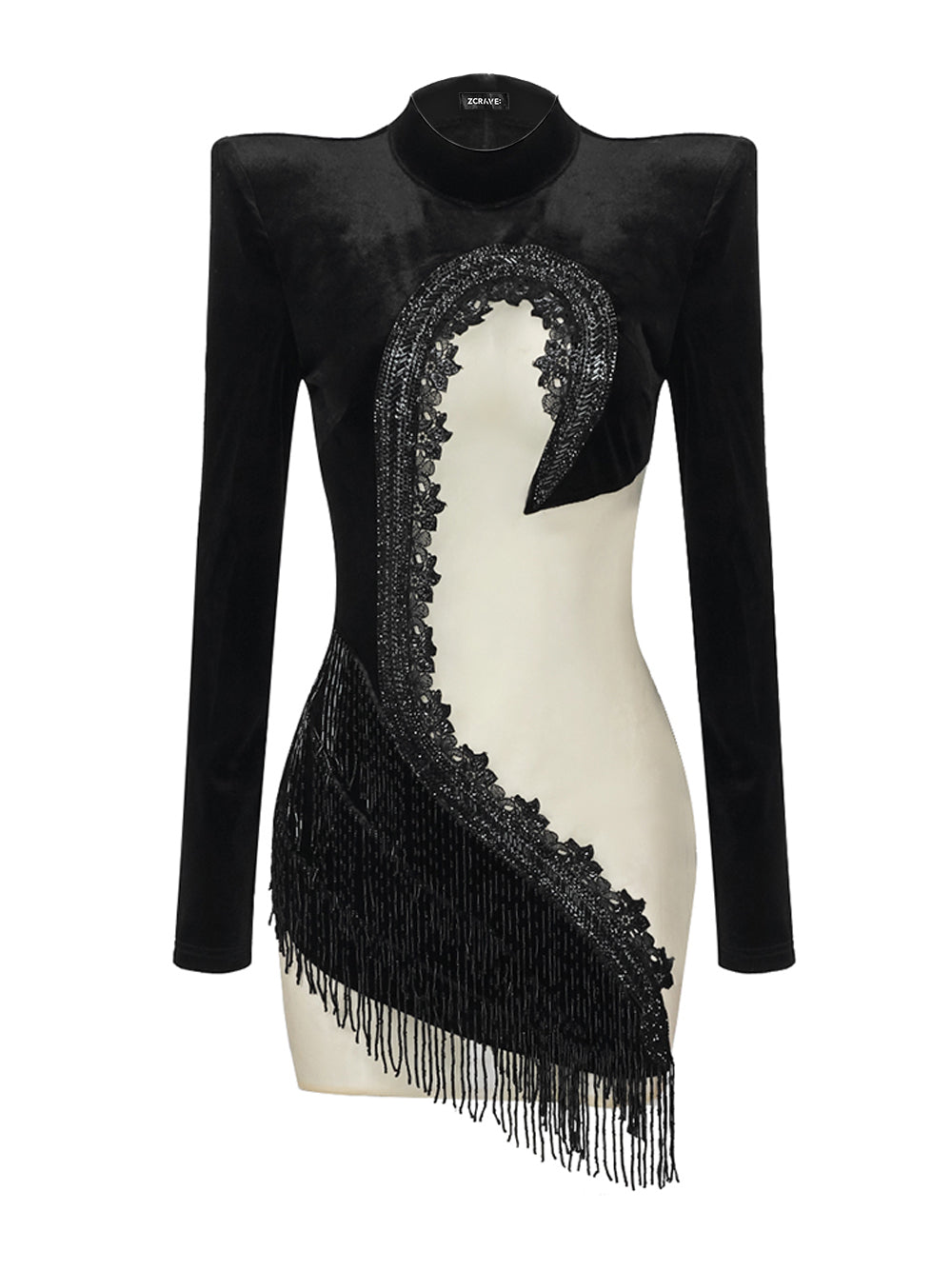 Black Mock Neck Long Sleeve Velvet Cutout Beaded Fringe Bodycon Mini Dress
