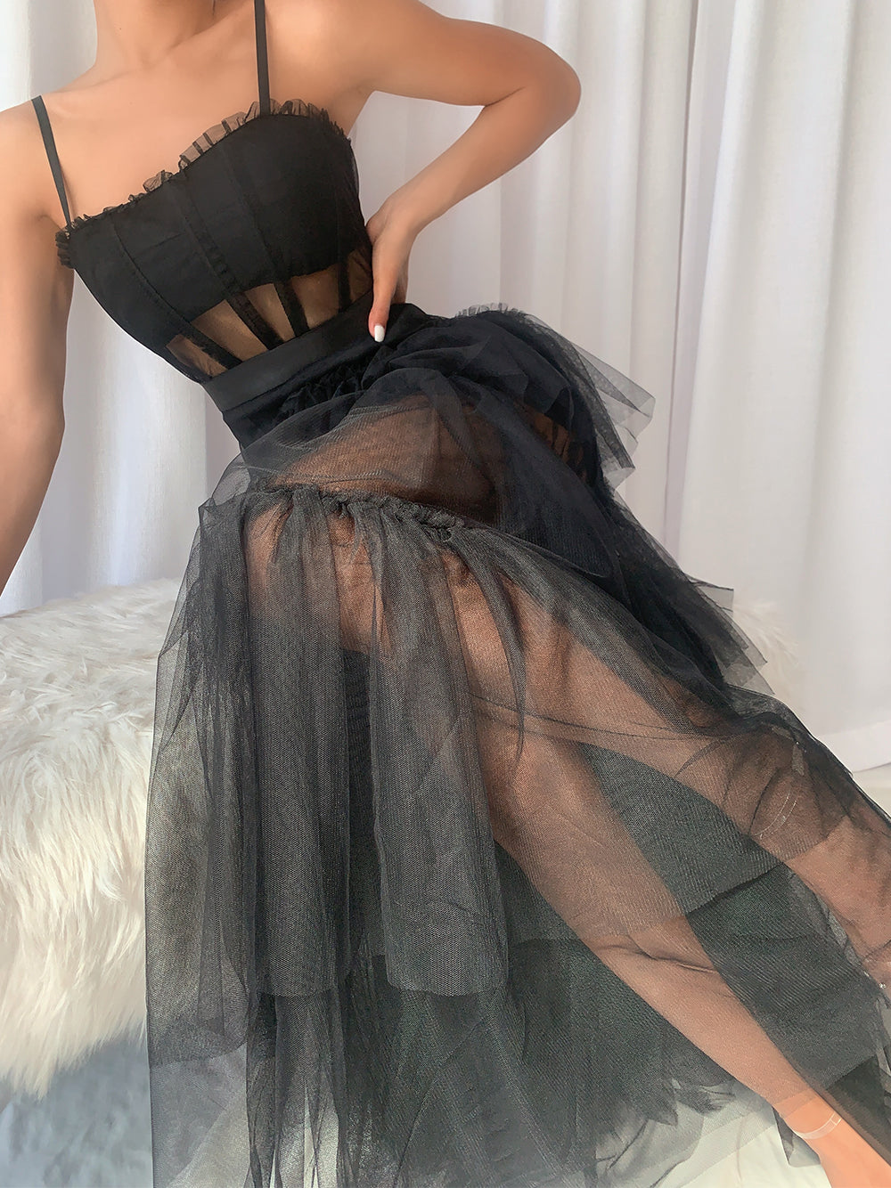Black Strap Corset Bustier Sheer Tiered Ruffle Tulle Maxi Gown 2