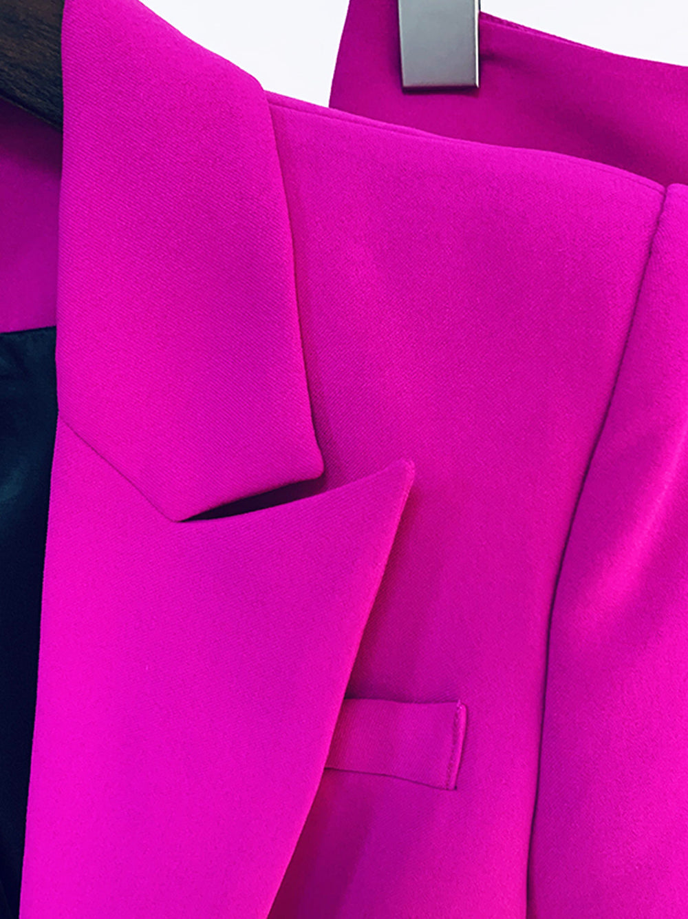 Fuchsia Peak Lapel Plunge Tailored Blazer and Flared Pants Set 11