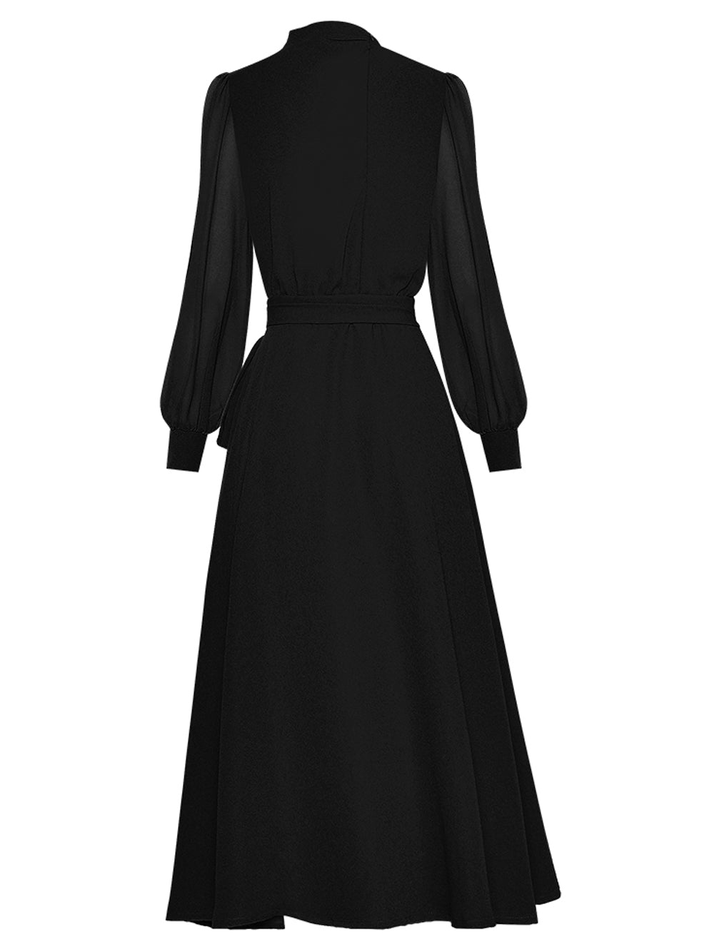 Black High Neck Long Sleeve Belted Wrap A-Line Midi Dress 2