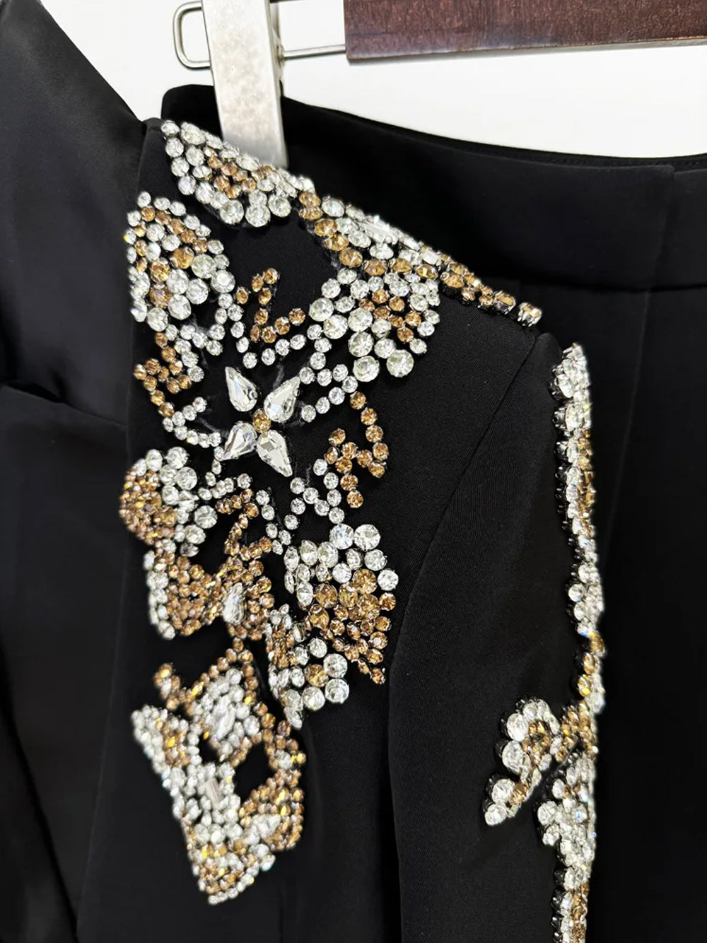 Black Embellished Floral Shoulder Blazer Slit Flared Pants Set 10