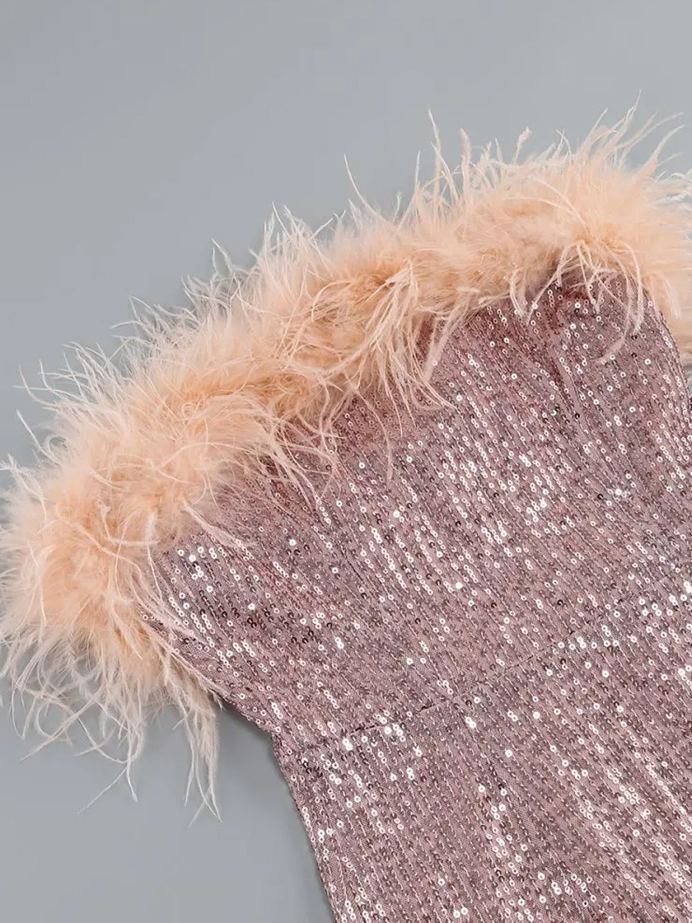 Pink Strapless Feather Trim Sequin Bodycon Mini Dress