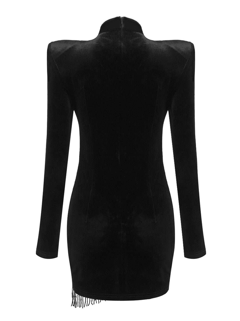 Black Mock Neck Long Sleeve Velvet Cutout Beaded Fringe Bodycon Mini Dress 2
