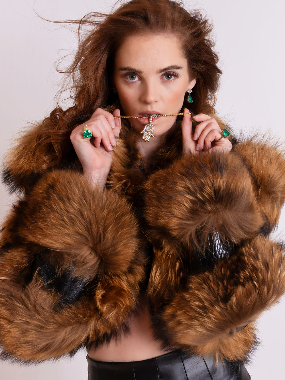 Black Brown Faux Fur Leather Panel Long Sleeve Cropped Jacket 14