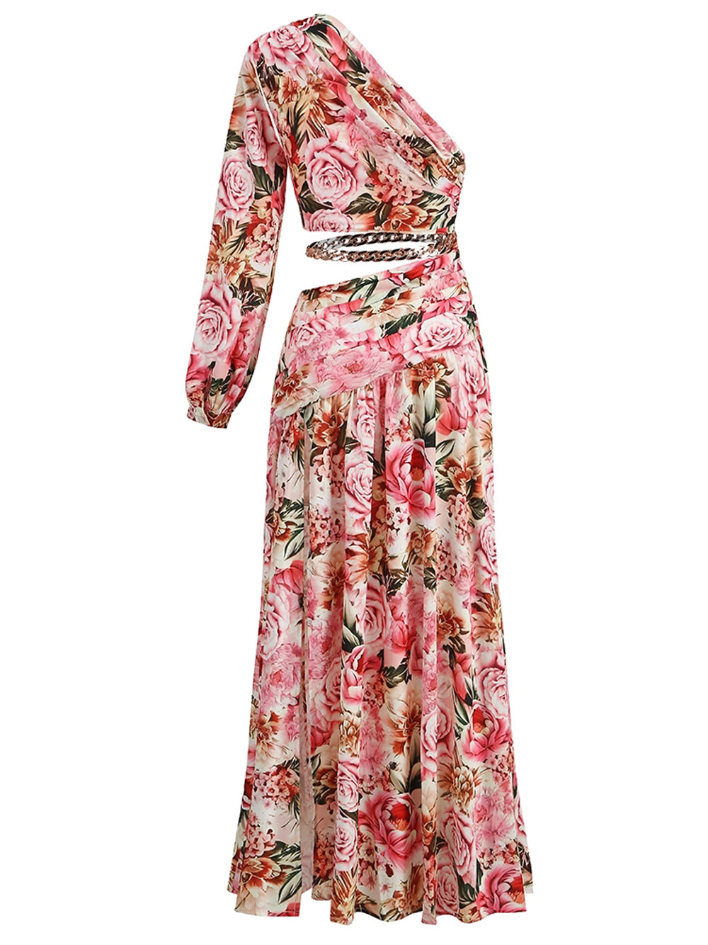 Pink One Shoulder Floral Print Crop Top High Slit Skirt Set 8