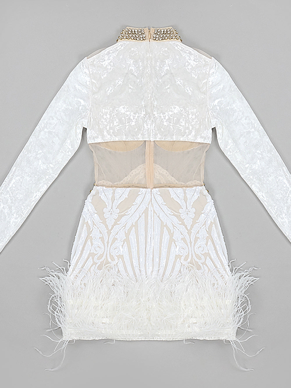 White High Neck Rhinestone Illusion Lace Feather Hem Bodycon Mini Dress