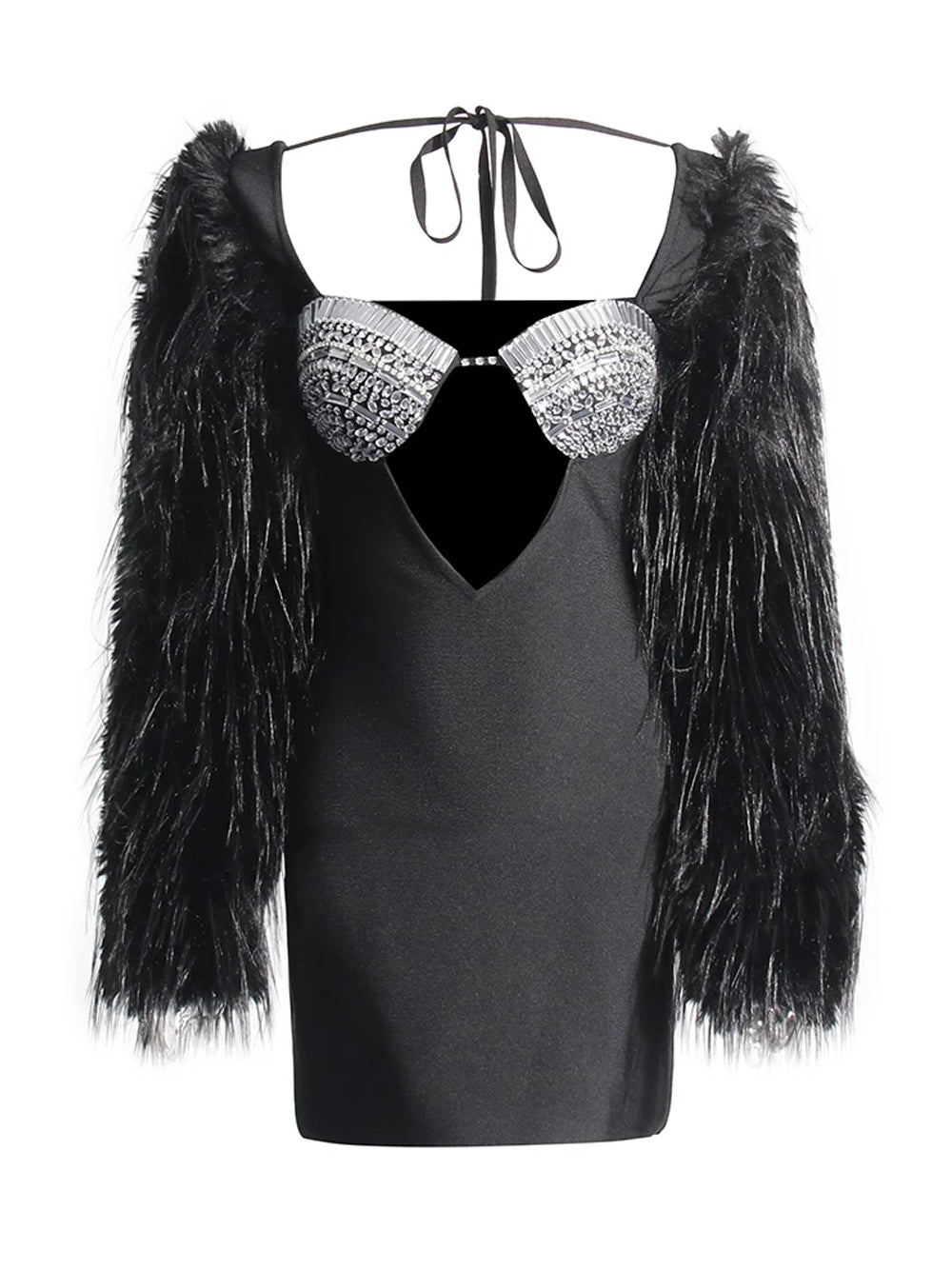 Black Halter Rhinestone Cup Cutout Faux Fur Sleeve Bodycon Mini Dress