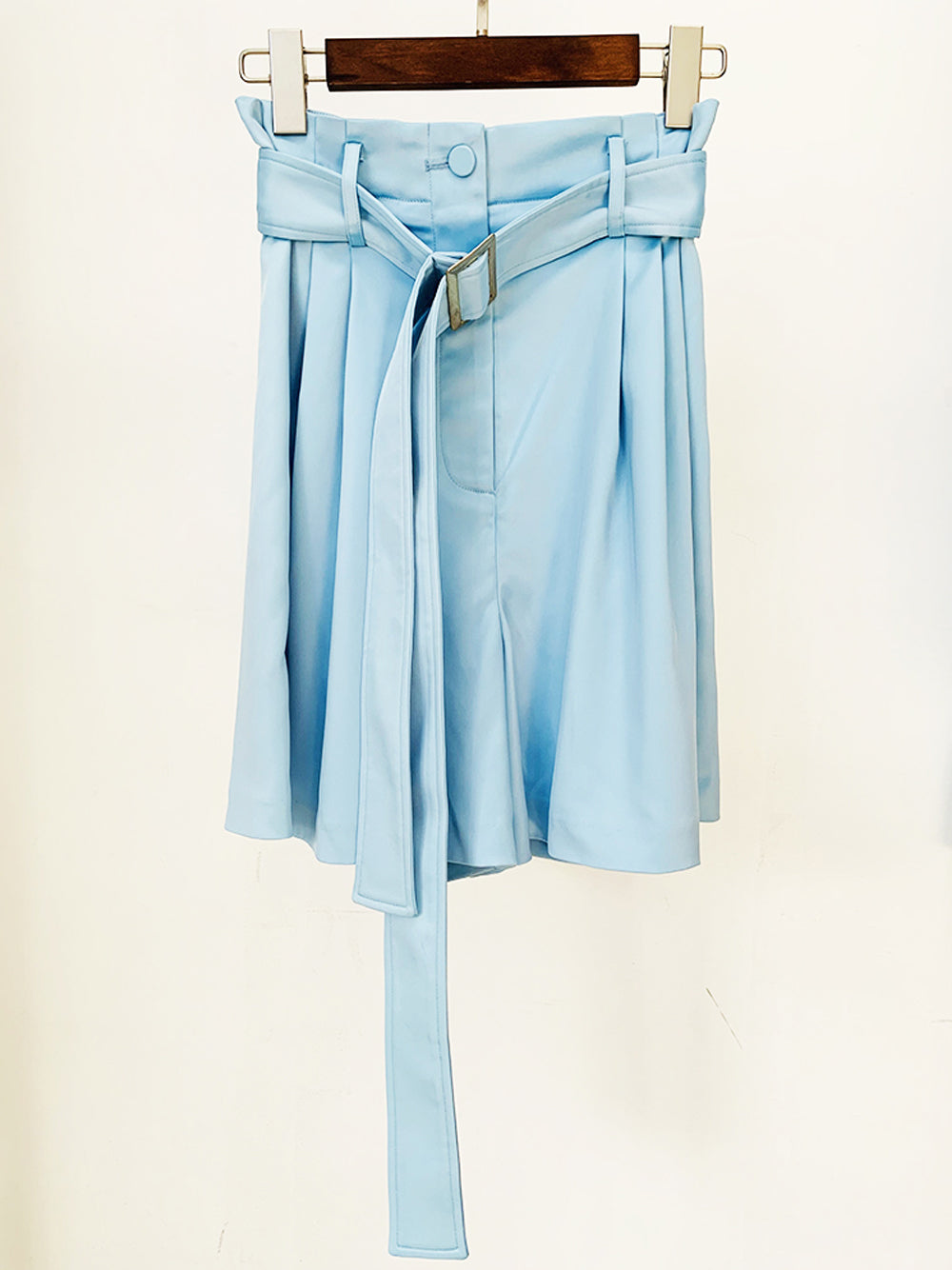 Light Blue Cropped Blazer and Belted Shorts Set