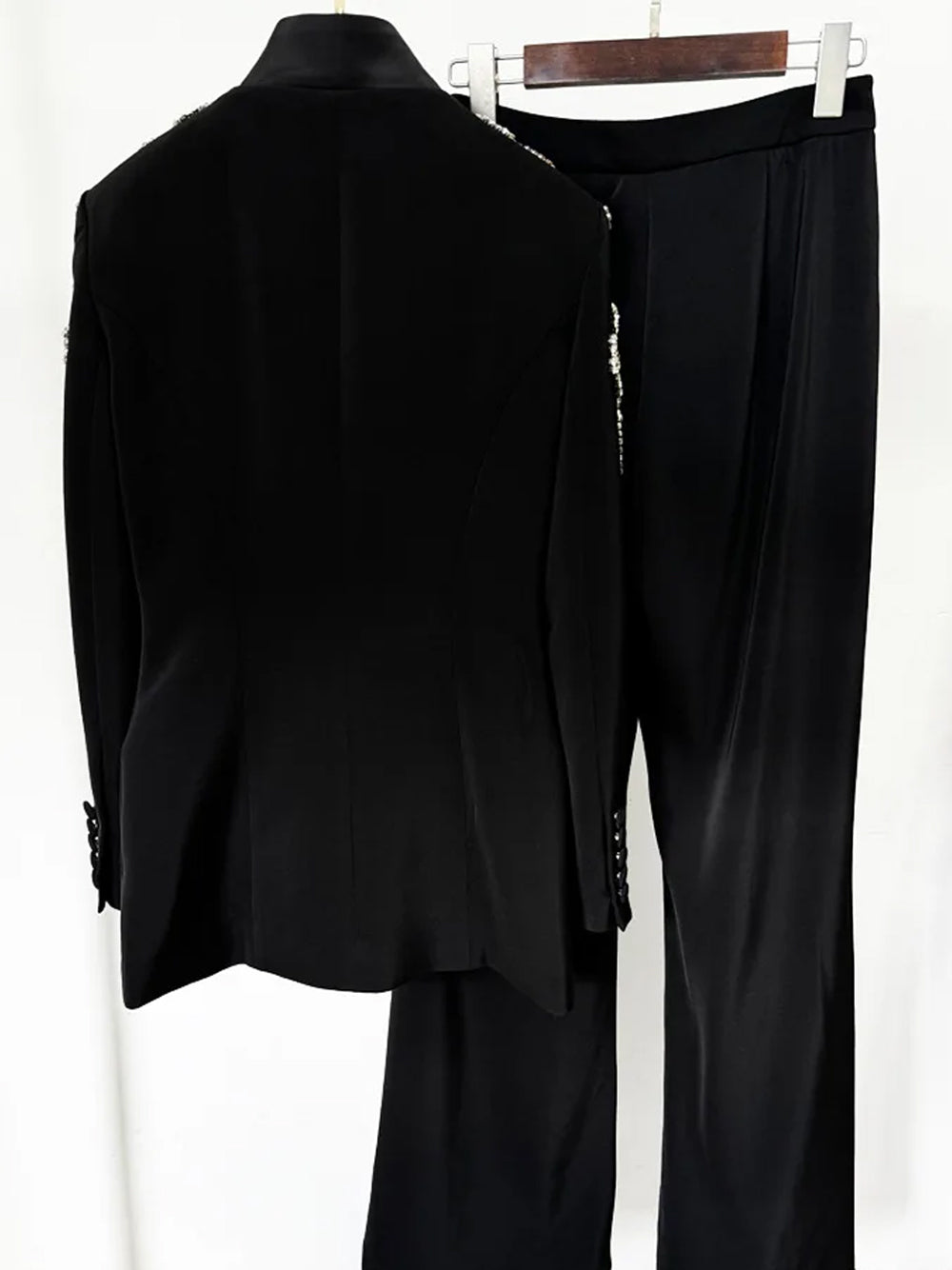 Black Embellished Floral Shoulder Blazer Slit Flared Pants Set 7