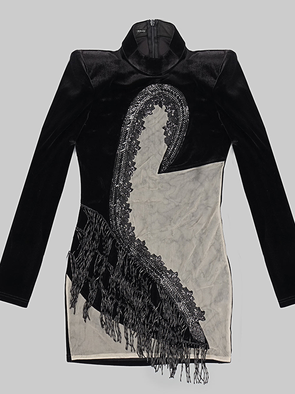 Black Mock Neck Long Sleeve Velvet Cutout Beaded Fringe Bodycon Mini Dress 5