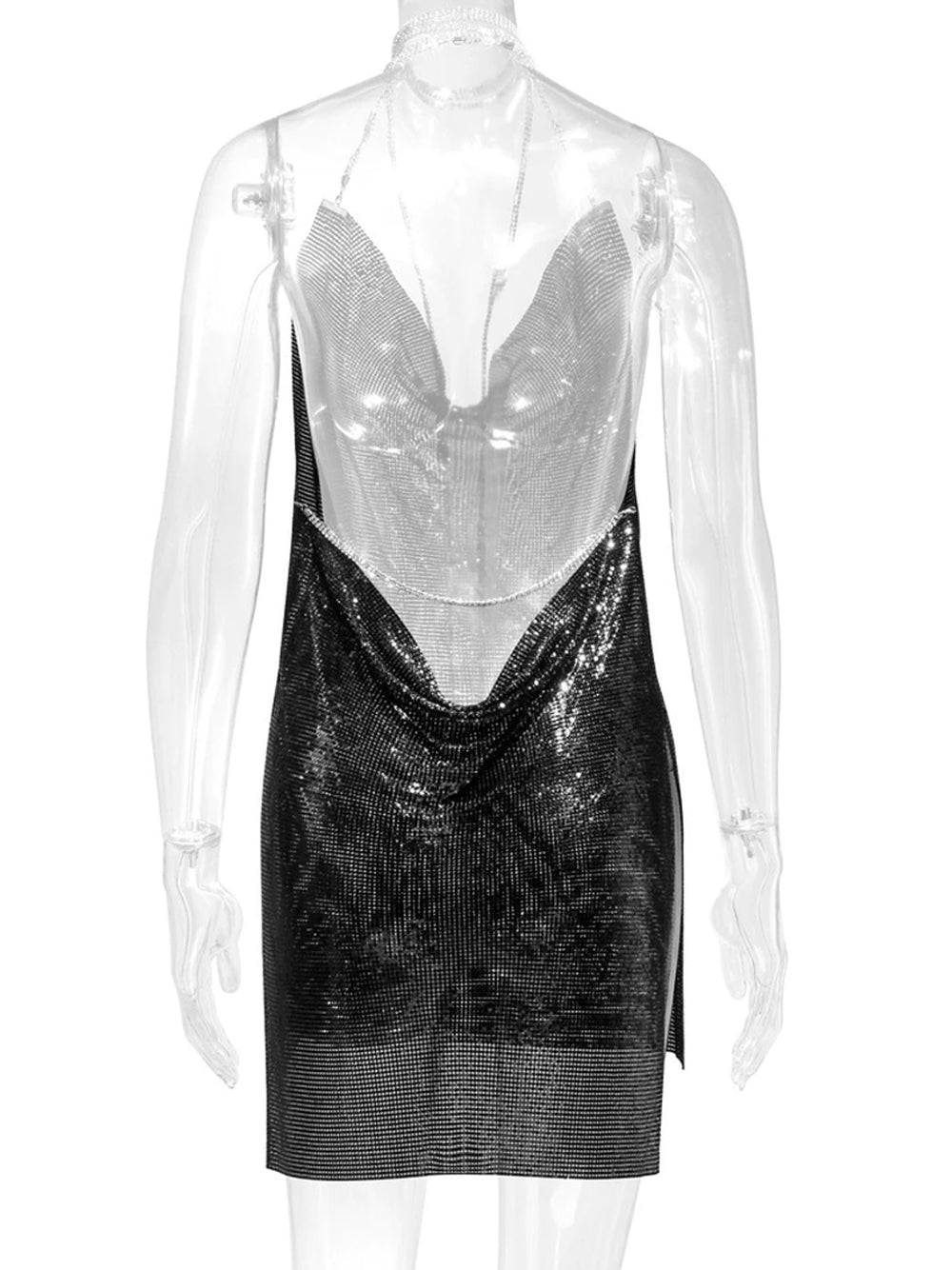 Chain Strap Cowl Neck Backless Chainmail Mini Dress