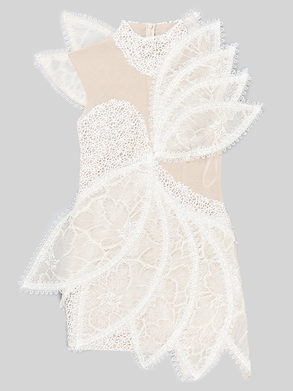Beige High Neck Floral Lace Ruffle Illusion Mesh Mini Dress