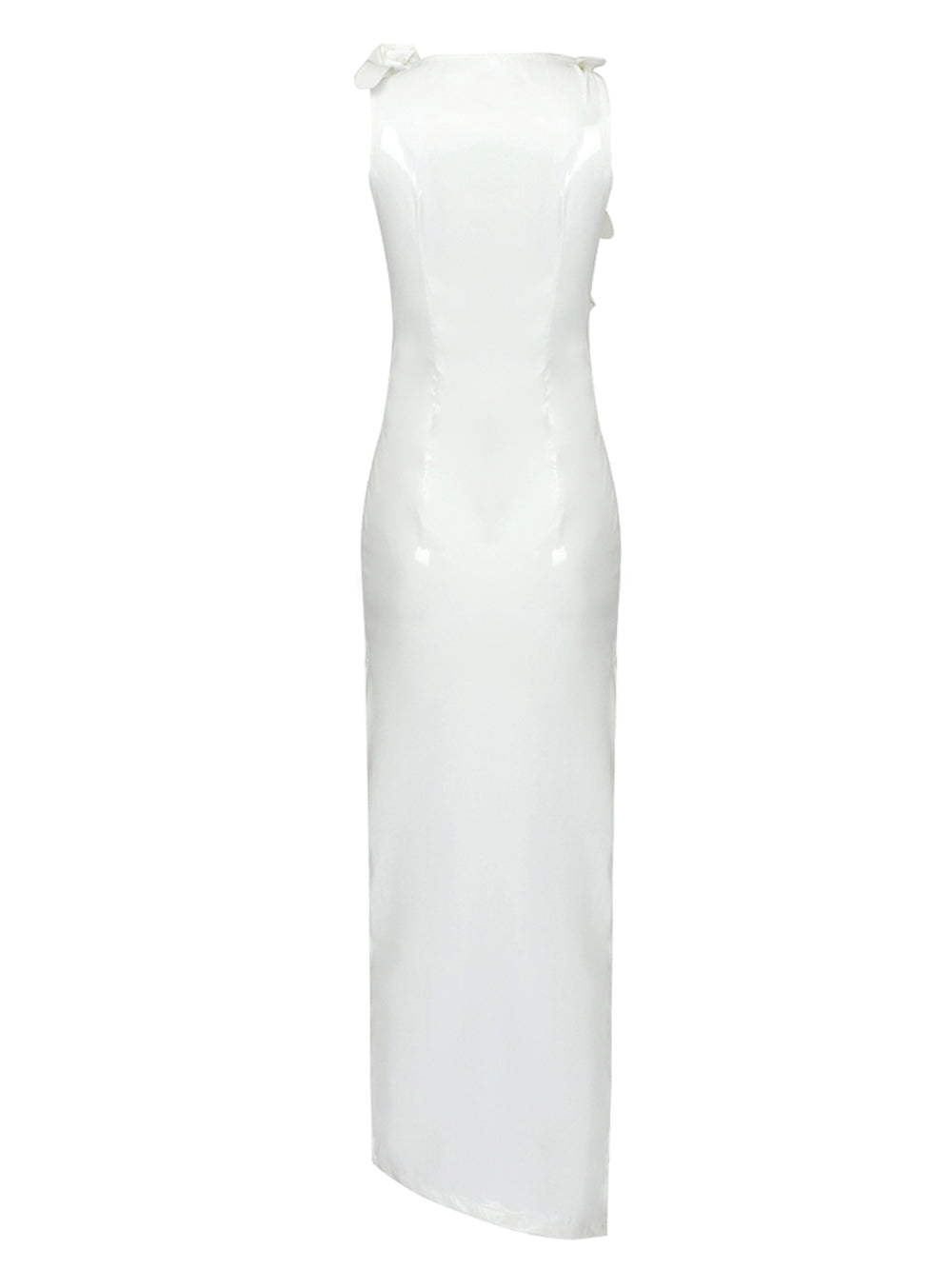 White Asymmetric Neckline Satin Rosette Applique Bodycon Maxi Gown 2