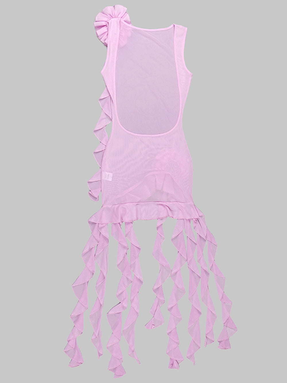 Pink Boat Neck Floral Applique Mesh Asymmetric Ruffle Bodycon Mini Dress 6