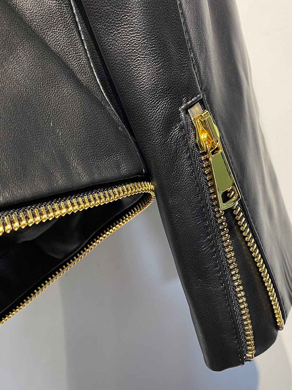 Black Peak Lapel Double Breasted Gold Button Zip Leather Blazer