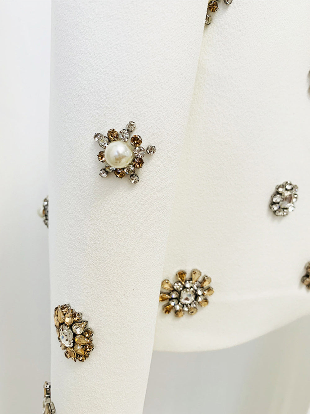 White Rhinestone Floral Embellished Cropped Jacket and Split Flared Pants Set