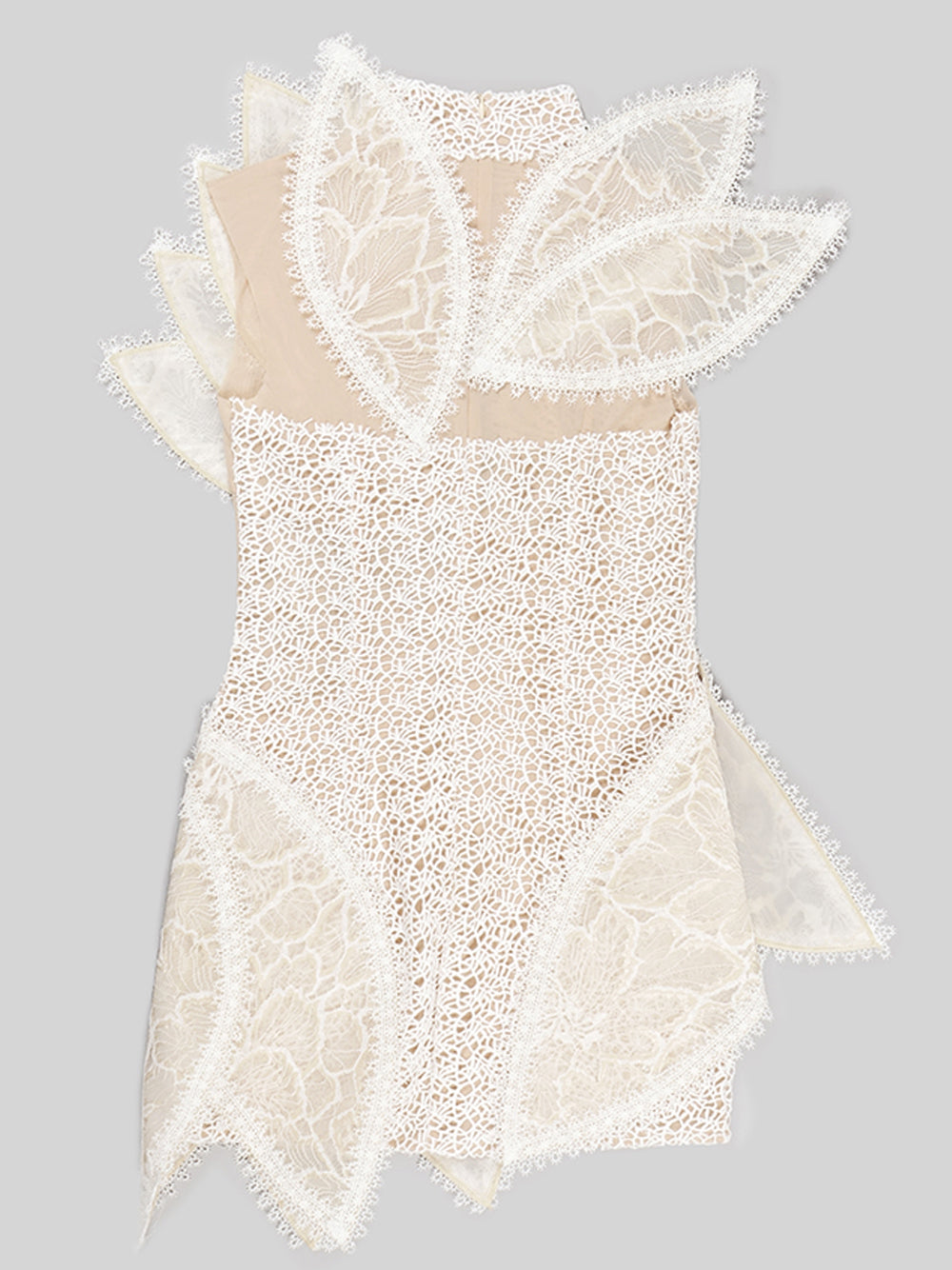 Beige High Neck Floral Lace Ruffle Illusion Mesh Mini Dress